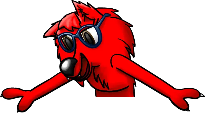 Mythical, my red wolf persona, standing behind the biography box and having her hands outstretched and on the box