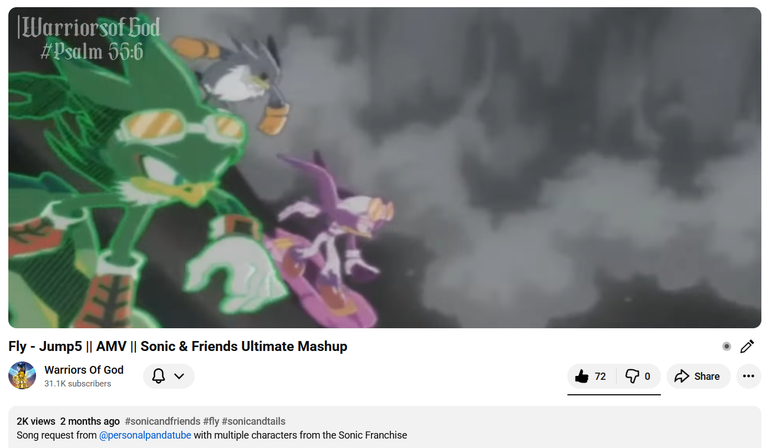 Screenshot of page for Warriors of God's AMV of 'Fly' by Jump5, showing the Babylon Rogues skating down in the Sonic Riders intro