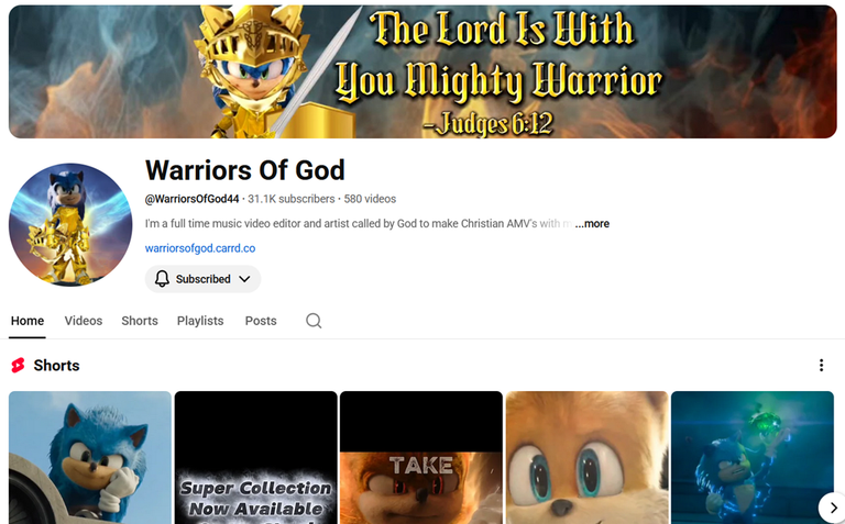 Screenshot of Warriors of God channel on YouTube, showing header and part of Shorts row