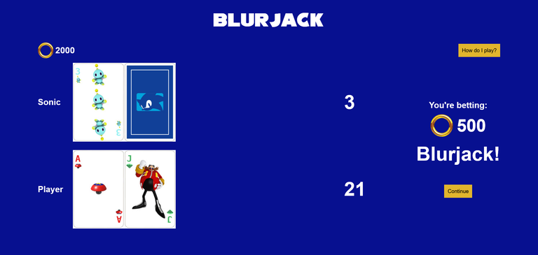 Screenshot of Blurjack web game showing Sonic the Hedgehog-themed cards; the player has scored a 'Blurjack'