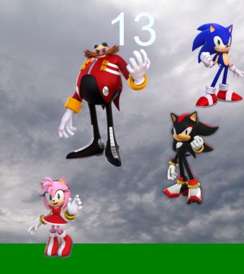 Screenshot of 'It's raining men' web game showing Amy on the ground as Eggman, Sonic, and Shadow fall from the sky