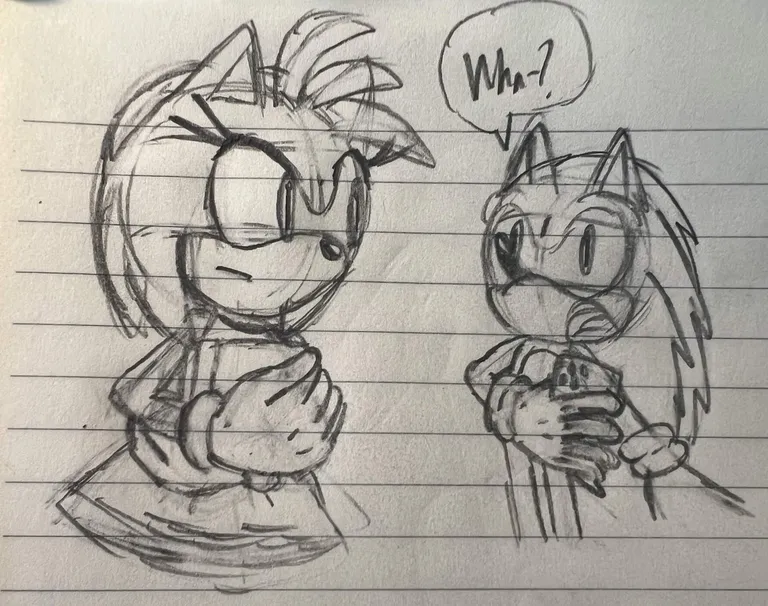 Amy looks to her side and Sonic, with his head reverted to normal, is surprised surprised, and asking 'Wha-?'