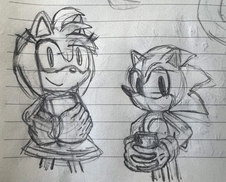Amy walking by with book in her arms; meanwhile, Sonic is on his phone, and his head resembles the Sonic Generations life icon.