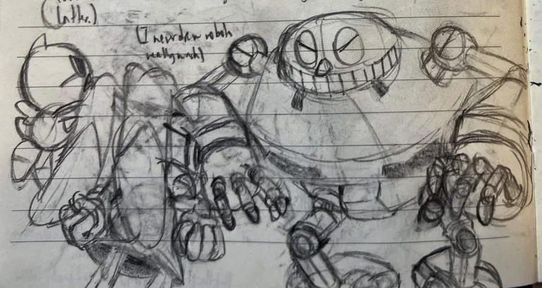 Cream and Cheese aggressively confronting an eager Egg Pawn. '(I never drew robots really much)'