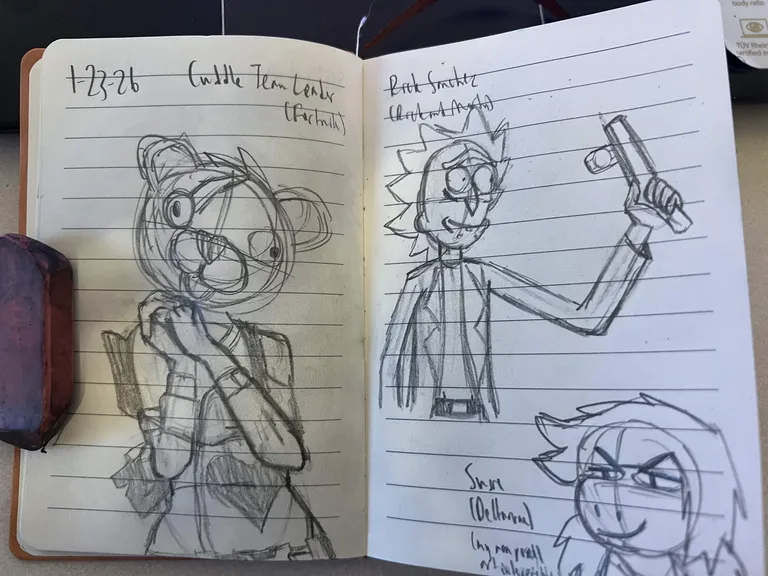 Cuddle Team Leader (from Fortnite) clasping hands, Rick Sanchez (from Rick and Morty) holding a firearm, and Susie (from Deltarune) ('my non-pixel art interpretation'). Labeled '1-23-26'.