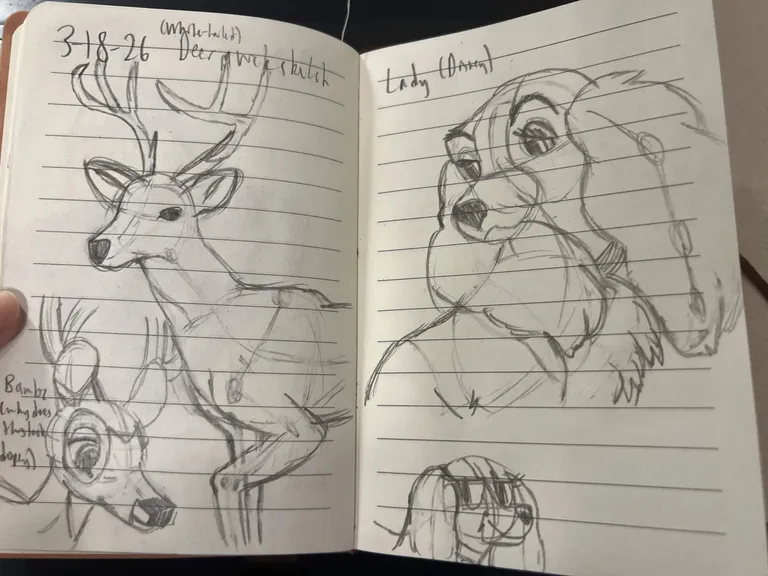 Labeled '3-18-26'. A real-life white-tailed deer drawing, some of adolescent Bambi ('why does this look dopey'), Lady (from Lady and the Tramp), and Lady in my own art style.