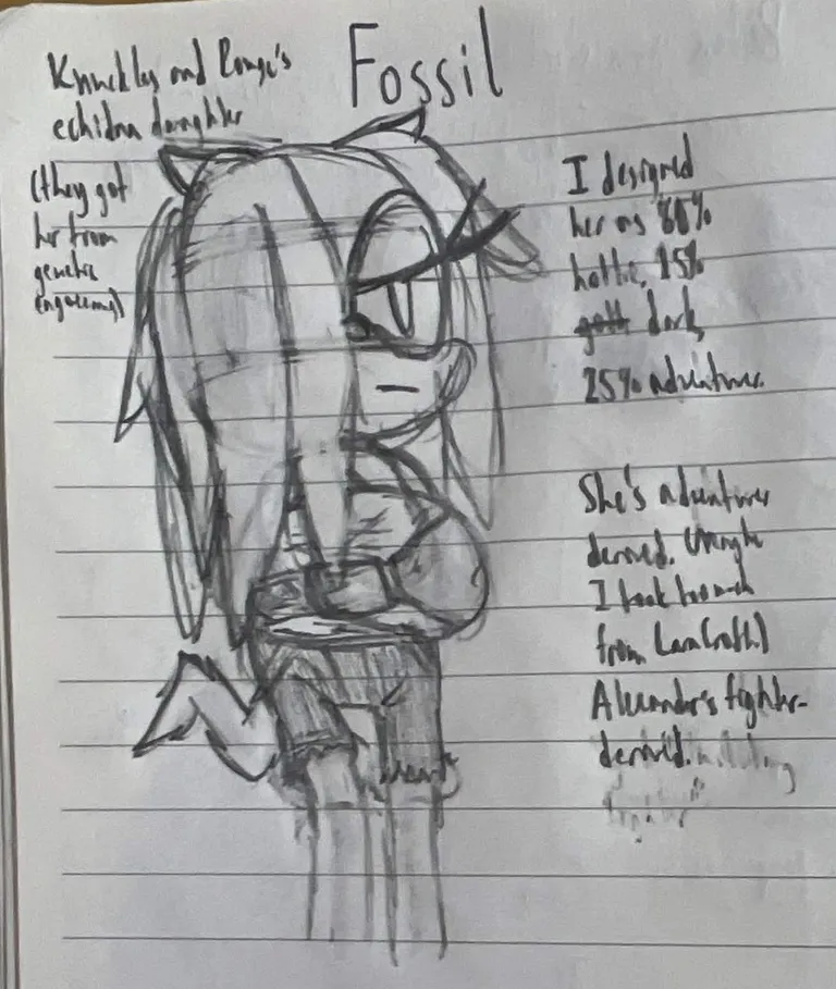 Sketch of 'Knuckles and Rouge's echidna daughter (they got her from genetic engineering)' 'Fossil'. 'I designed her as 80% hottie, 15% goth (striked out) dark, 25% adventurer. She's adventurer derived. (Maybe I took took much from Lara Croft.) Alexander's fighter-derived.