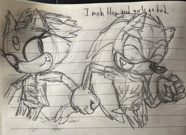 'I make them good girls go bad...'. Sonic and Blaze dancing together. Sonic is dressed in a T-shirt, jeans, and watch and Blaze is dressed in a T-shirt, loose cardigan, and tights.