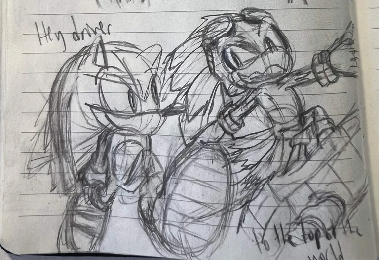 Sonic and Jet racing upwards (with Jet on Extreme Gear, like always), accompanied by the text 'Hey driver to the top of the world'