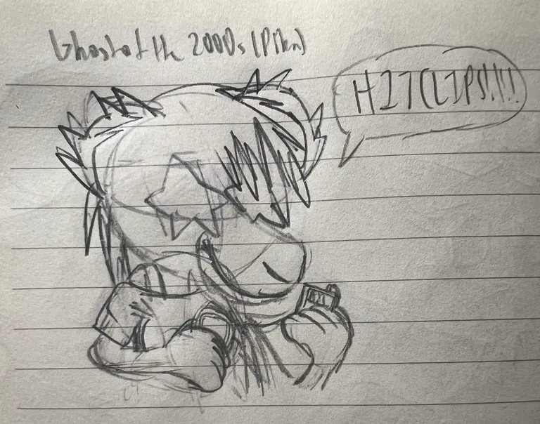 The 'Ghost of the 2000s (Pika)' holding a HitClips player and cartridge and, with stars in their eyes, shouting, 'HITCLIPS!!!!'