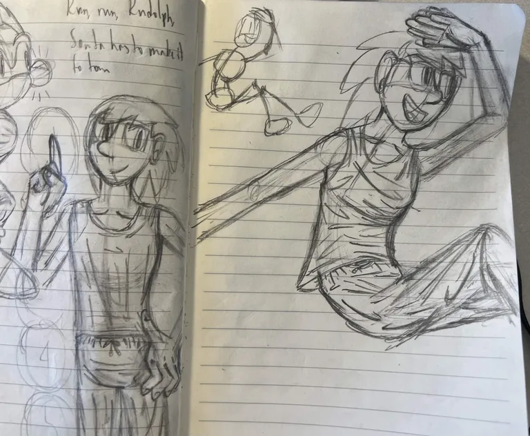 Human Sonic standing with the wagging finger pose and then leaping. A small stick-figure sketch accompanies the leaping drawing.