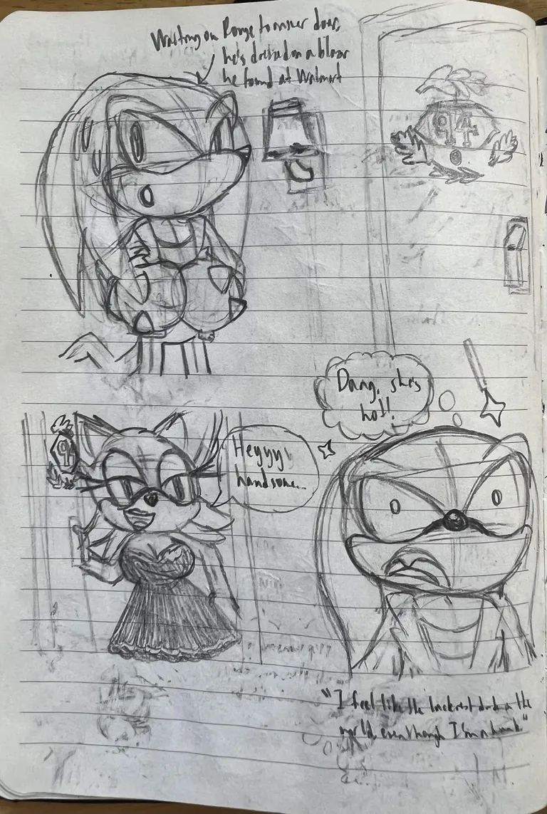 Knuckles is waiting outside Rouge's penthouse door, wearing 'a blazer he found at Walmart', and sweating. The door opens and Rouge is posing coy in her lacy black cocktail dress. She says, 'Heyyy handsome...' Knuckles gets so flustered, thinking, 'Dang, she's hot!'. Monologue: 'I feel like I'm the luckiest dude in the world, even though I'm a hunk.'