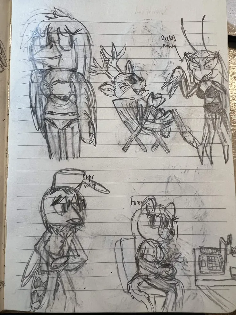 Female bird in a bikini noticing a male deer in swim trunks and lounging in a beach chair and a female orchid mantis in a bikini. In an office setting, a male paper wasp in an office uniform walks by, while a female fossa in a similar uniform, sitting at a desk and holding a cup of coffee, notices. All anthros are in a more humanoid style.