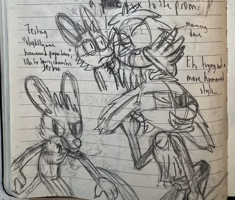 'Testing "slightly more humanoid proportions", like for Sonic characters.' A male jerboa jumps in. The same jerboa is then shown clothed in a tank top and shorts. There is a small drawing of the unclothed jerboa being teased by a female 'mourning dove'. 'Eh... trying out a more humanoid style.'
