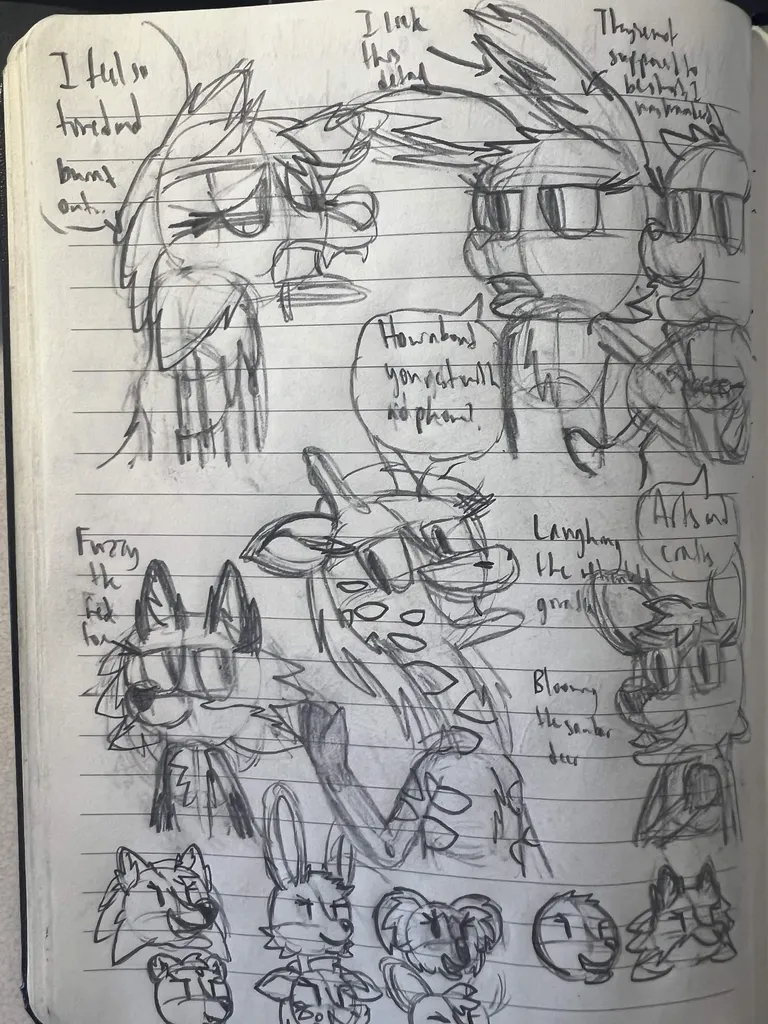 Comic in which an exhausted Mythical says, 'I feel so tired and burnt out...', Enchanted the rabbit replies, 'How about you rest with no phone?', and Flora the sea lion, with a notepad and pencil in hand, replies, 'Arts and crafts'. Then Fuzzy the red fox, Laughing the reticulated giraffe, and Blooming the sambar deer. Cute head icons of Mythical the wolf, Enchanted the rabbit, Darling the koala, Flora, Fuzzy, Queen the polar bear, Laughing, and Blooming.
