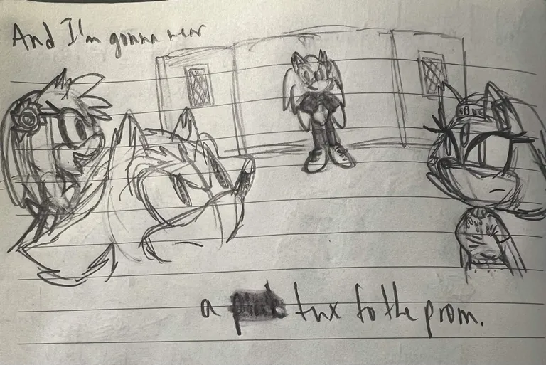'And I'm gonna wear a pink tux to the prom.' Sonic arrives in a pink tuxedo. Amy is excited, while Shadow and Blaze merely look up.