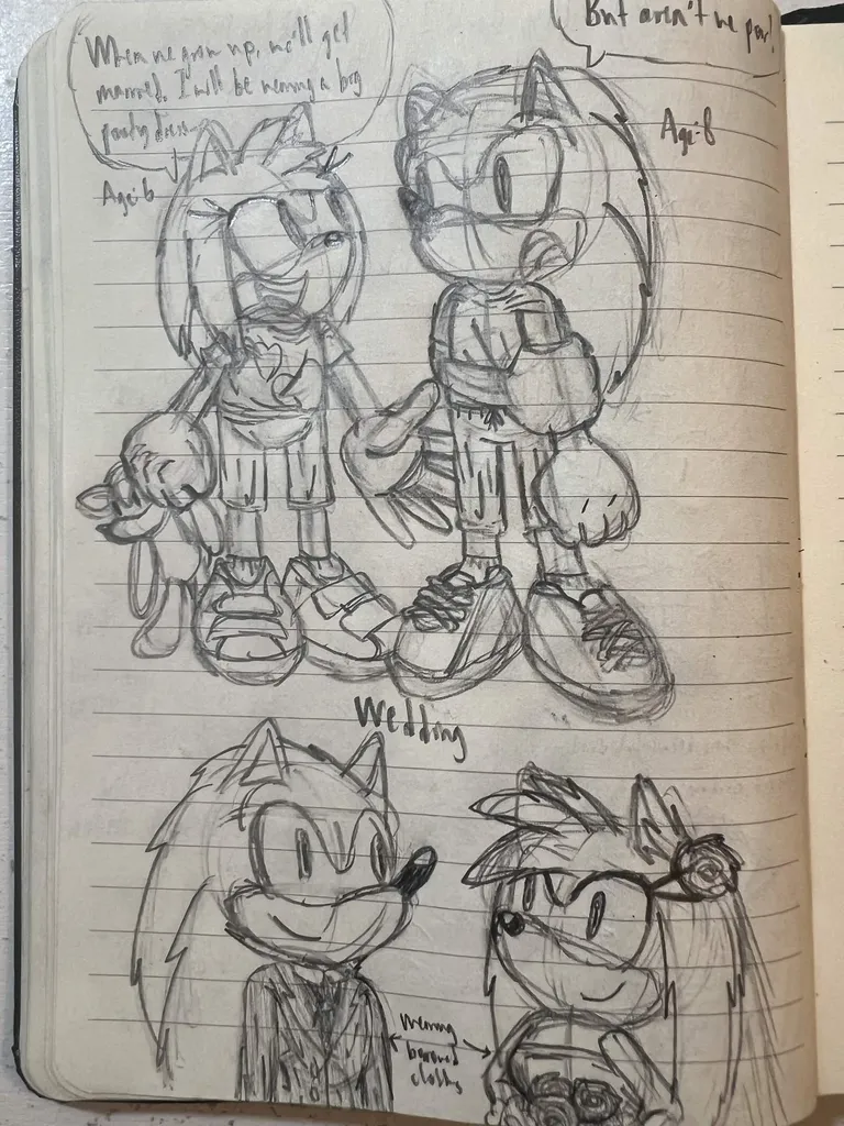 Amy, 'Age: 6', says to Sonic, 'Age: 8', 'When we grow up, we'll get married. I will be wearing a big poofy dress.' Sonic replies, 'Aren't we poor!' Transition to wedding many years later, with Sonic and Amy 'wearing borrowed clothes': a tuxedo and wedding gown.