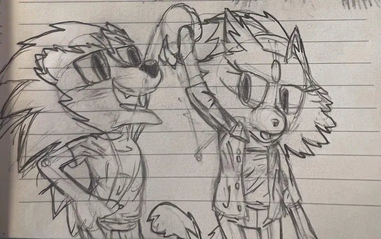 Sonic lifting Blaze's hand up as she turns towards him, all in my original art style. Sonic is dressed in a T-shirt and jeans. Blaze is in an open short-sleeved jacket, top, and tight jeans.