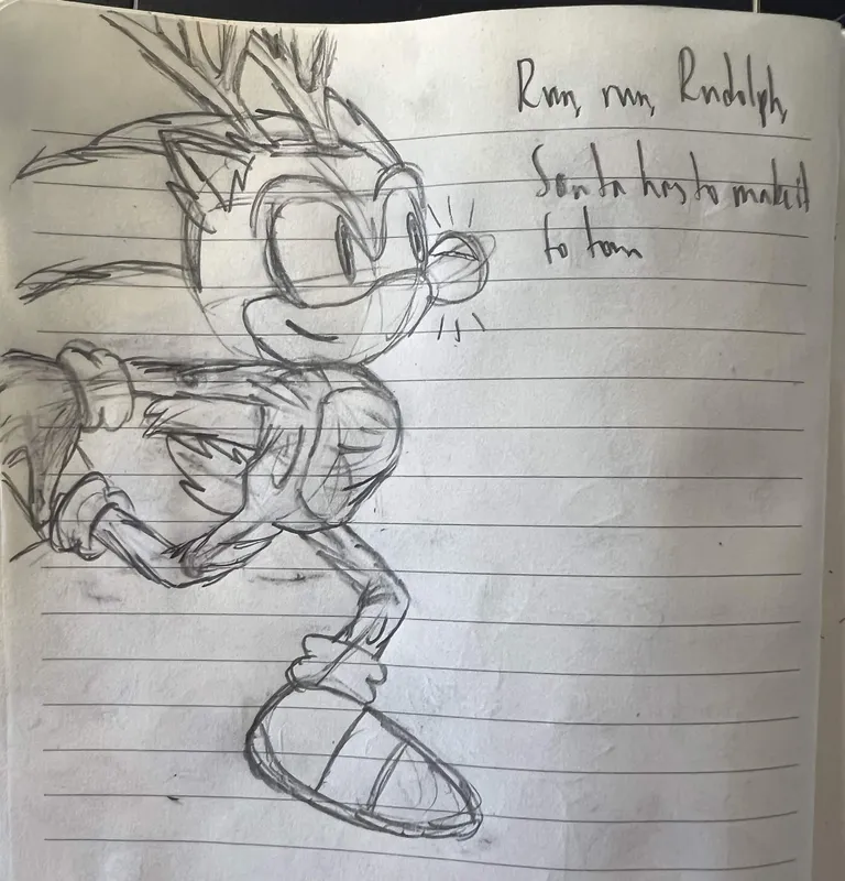 Sonic dressed as Rudolph and running. 'Run, run, Rudolph, / Santa has to make it to town'