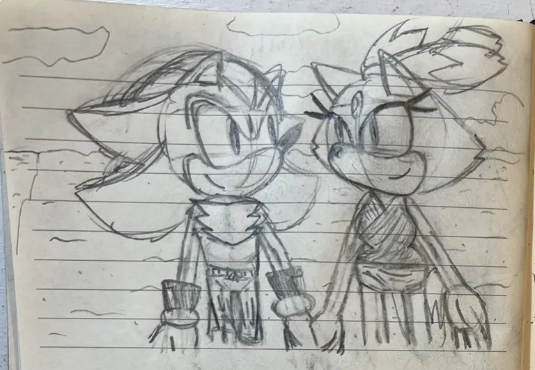 Shadow, in swim trunks, and Blaze, in a tankini, are walking down the beach together, holding hands.
