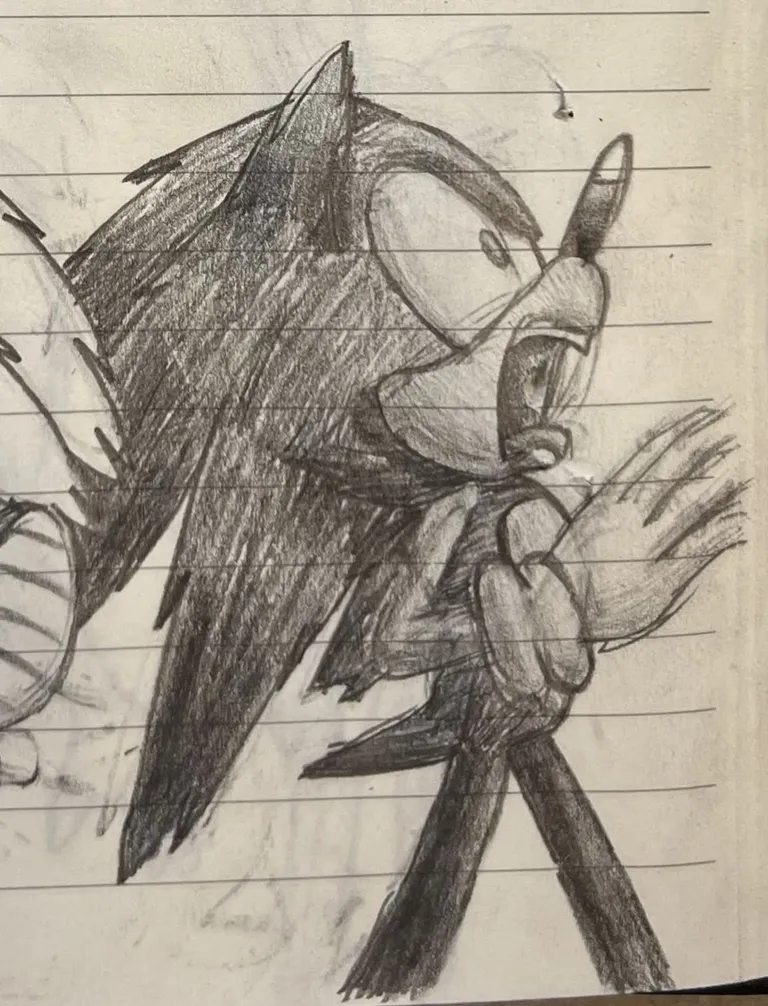 Fully shaded sketch of Sonic looking upwards, shocked