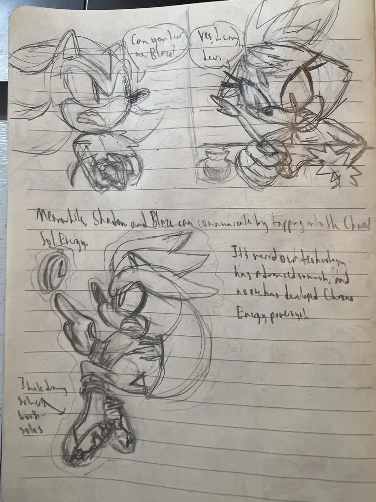 'Meanwhile, Shadow and Blaze can communicate by tapping into the Chaos / Sol Energy.' Shadow says, 'Can you hear me, Blaze?' Blaze, signing at her desk, responds, 'Yes, I can, dear.' Next, Silver is levitating with a stopwatch he's pointing at, thinking, 'It's weird our technology has advanced so much and no one has developed Chaos Energy powers yet.' ('I hate drawing Silver's boot soles.')