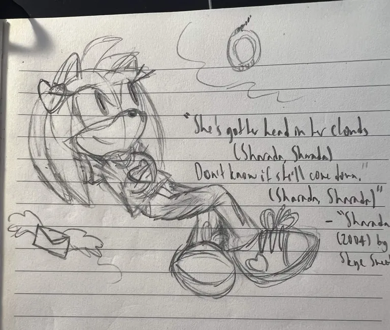 Amy dressed in 2000s fashion floating in the clouds, surrounded by a floating Tamagotchi and winged email icon. '"She's got her head in the clouds / (Sharada, Sharada) / Don't know if she'll come down. / (Sharada, Sharada)" - "Sharada" (2004) by Skye Sweet[nam]'