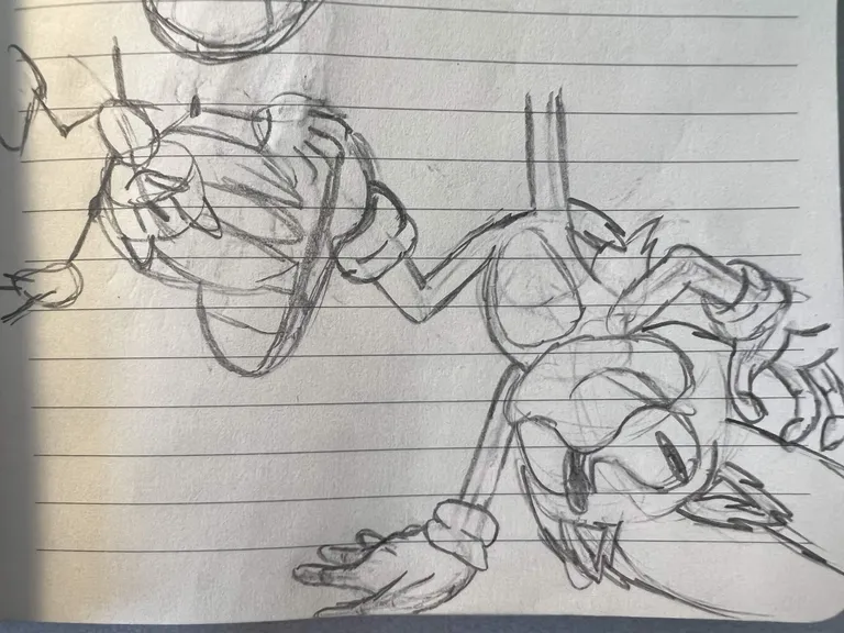 Sonic in the midst of a rolling handstand. Smaller preliminary stick figure sketch accompanies.