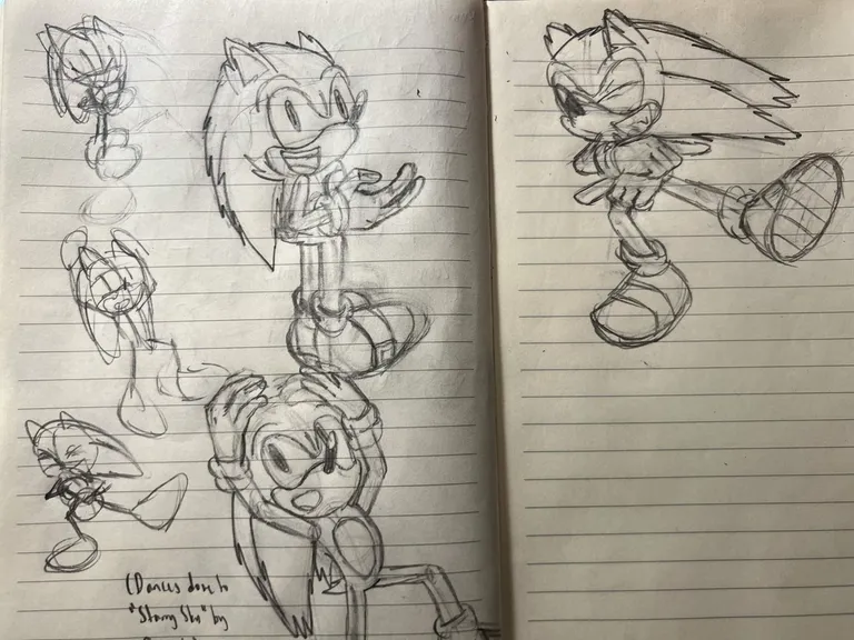 Sketches of slight bird-eye's view of Sonic standing and looking up to his right, and two dancing poses of Sonic ('Dances set to 'Starry Sky' by [Capsule]'). Smaller preliminary stick figure sketches accompany.