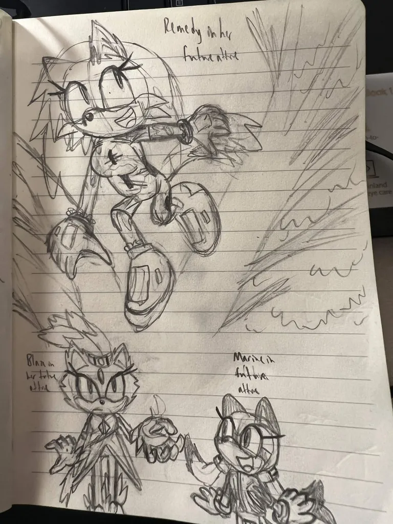 Remedy (climbing a tree), Blaze, and Marine in futuristic fashion. Remedy is wearing a short-sleeved jumpsuit, Blaze is wearing a special tailcoat, and Marine has a jacket.