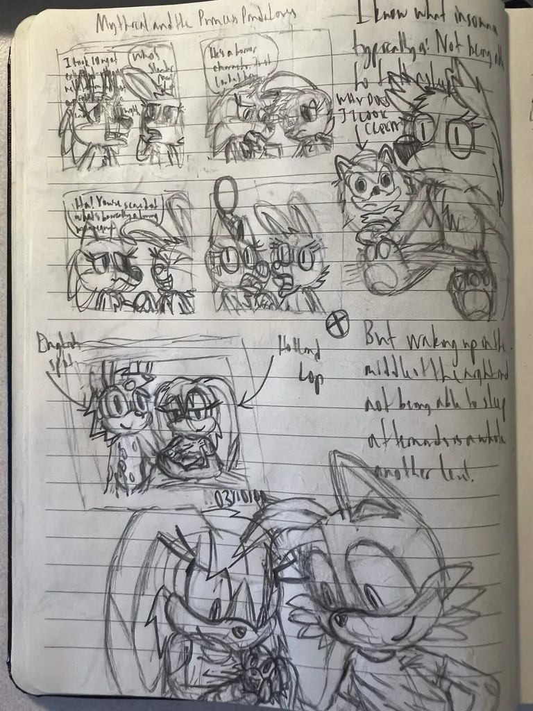 Comic titled 'Mythical and the PrincessPandaLovers': Mythical nervously exclaims, 'I took 10 mg of extended-release melatonin and got a nightmare with Slender Man... (illegible)', Enchanted the rabbit replies, 'Who's Slender Man?', Mythical answers 'He's a horror character. Just look at him.' and shows on her phone, Enchanted looks and exclaims, 'Ha! You're scared of what's basically a living mannequin-' (Mythical has an embarrassed face), and then Slender Man suddenly appears behind Mythical, shocking her and Enchanted. Drawing of Mythical sitting upright in bed wide awake, accompanied by a Shadow the Hedgehog Squishmallow ('WHY DOES IT LOOK CREEPY'), captioned, 'I know what insomnia typically is: Not being able to fall asleep. But waking up in the middle of the night and not being able to sleep afterwards is a whole another level.' Drawing of a photograph labeled '03/10/00', depicting Cream's rabbit parents, father labeled 'English Spot' and Vanilla labeled 'Holland Lop', with a newborn Cream. Then, a drawing of a grown-up Cream and Tails with their newborn Lever the Rabfox.