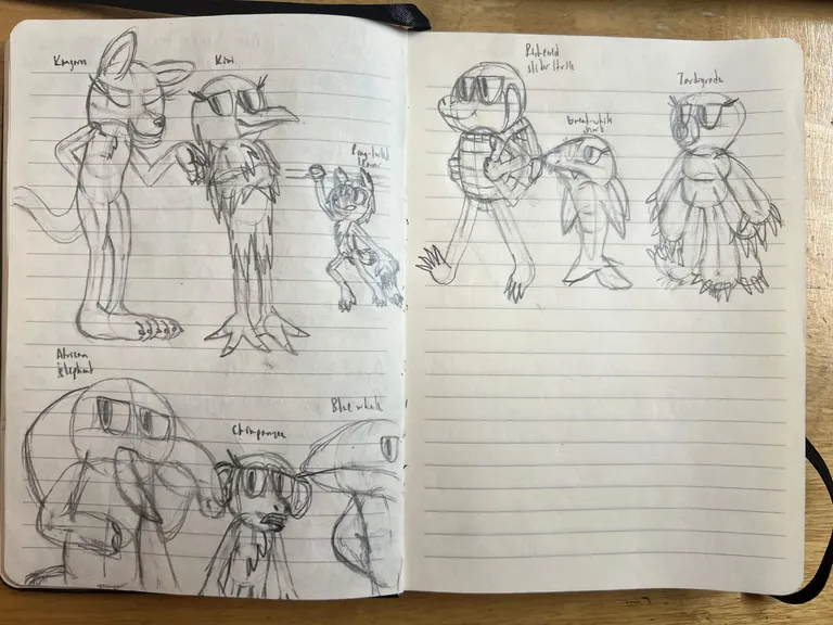 An anthropomorphic kangaroo, kiwi, ring-tailed lemur, African elephant, chimpanzee, blue whale, red-eared slider turtle, great white shark, and tardigrade (last three wearing backpacks) drawn in my original art style