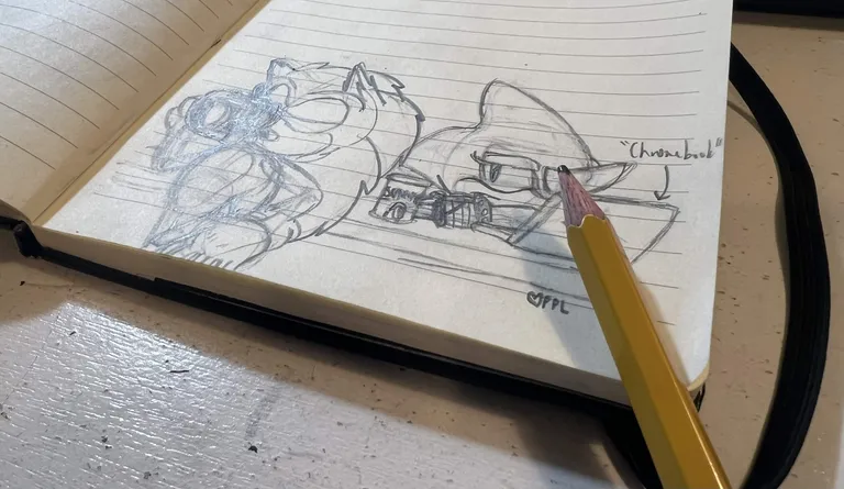 Cinematic shot of sketchbook page open with pencil on top of it. Page shows sketch of Sonic drinking a can of Chaos Cola while Espio is hunched down in front of a Chromebook-like laptop and a 'Sunnypop' can.