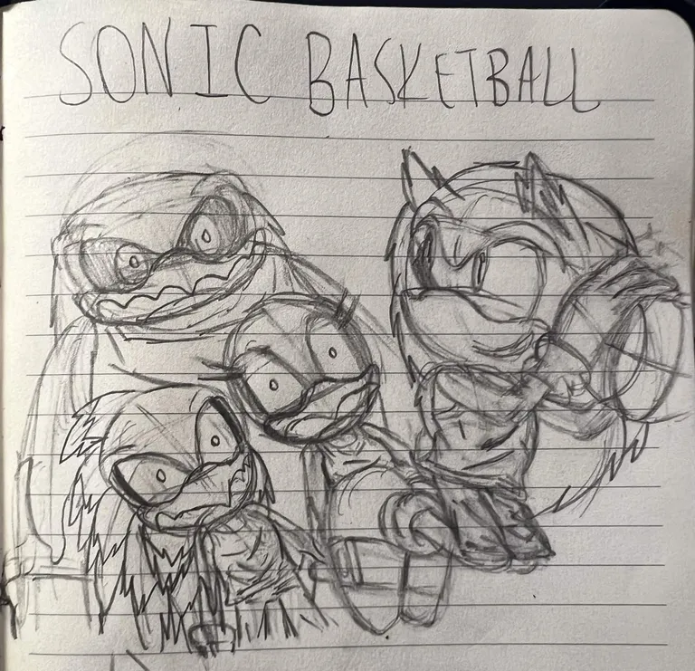 'SONIC BASKETBALL'. Sonic in a basketball uniform jumps up with the basketball in his hands, while the Babylon Rogues in similar uniforms lean to their left with agape expressions