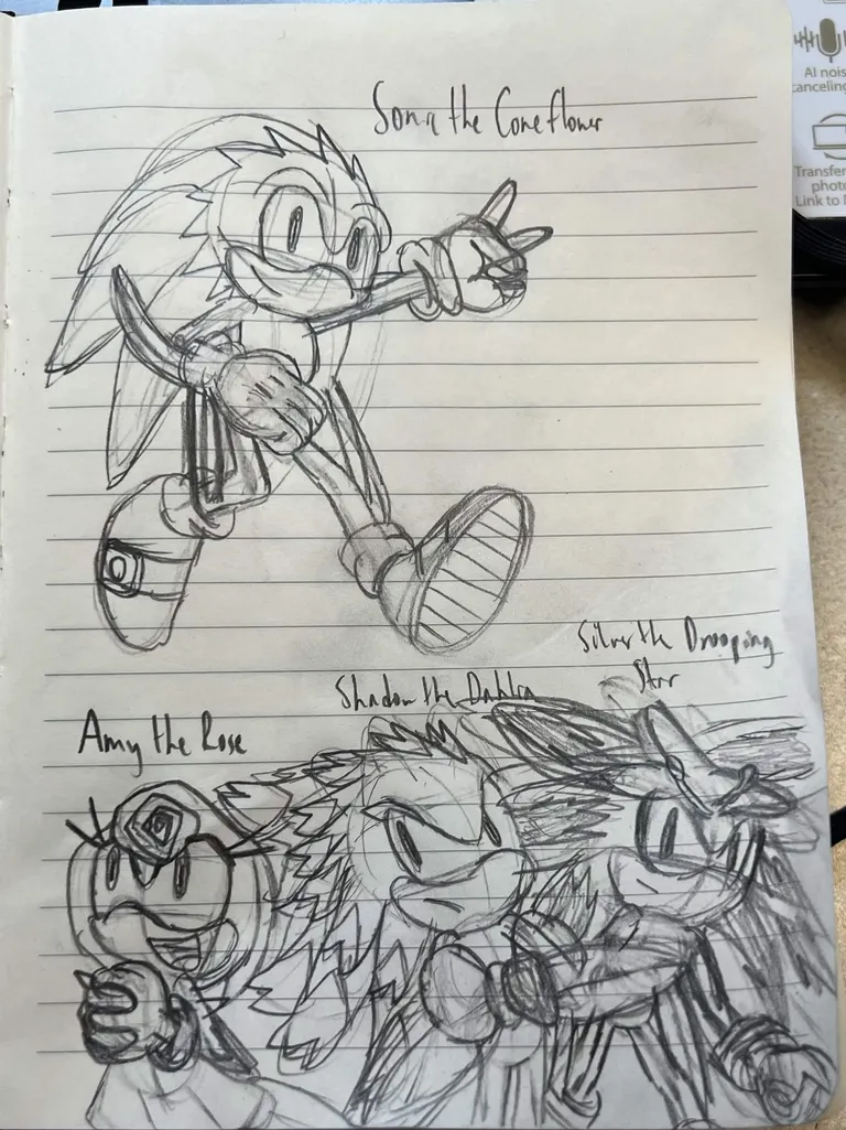 Sonic the Coneflower, Amy the Rose, Shadow the Dahlia, and Silver the Drooping Star