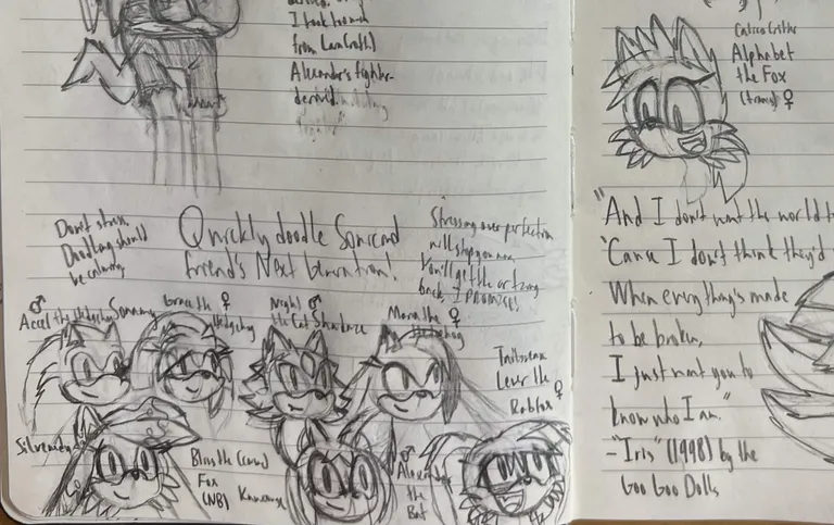 'Quickly doodle Sonic and friend's [sic] Next Generation!'. Small head icons of Accel the Hedgehog (male) and Grace the Hedgehog (female) (Sonamy), Night the Cat (male) and Maria the Hedgehog (female) (Shadaze), Bliss the (Corsac) Fox (non-binary) (Silvemedy), Alexander the Bat (male, Knuxouge), and Lever the Rabfox (female) and Alphabet the Fox (trans female) (Tailsream).