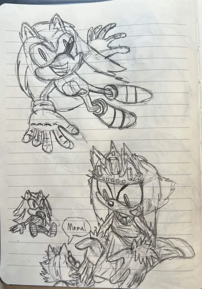 Sonic sweeping by with his hand on the ground, and Queen Blaze greeting her toddler son Night the Cat, who exclaims 'Mama?', while her toddler daughter Maria the Hedgehog sits and sucks her thumb in the background