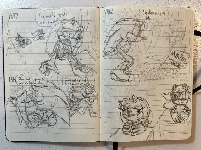 1827 - Sonic has fallen from a tree and wonders, 'Hey, wasn't I supposed to break my bones?' Meanwhile, Tails is drinking from the magical spring and Shadow is hauling lumber. 1914 - Eggman, who wanted the magical spring, has been killed. Sonic kisses his love interest Amy, thinking, 'Please drink the spring water so we can be together, forever.' Shadow, who killed Eggman by pistol-whipping him, and Tails leaves, with Shadow thinking, 'Can she not? I outlived Maria and it was terrible.' 2002 - Sonic has approached Amy's grave, reading 'AMY ROSE / Loving wife and mother / 1899-1999'. He sheds a tear, thinking, 'She chose a mortal life...' Outside of the story, at school desks, Amy, holding Tuck Everlasting in her hands, looks back at Shadow.