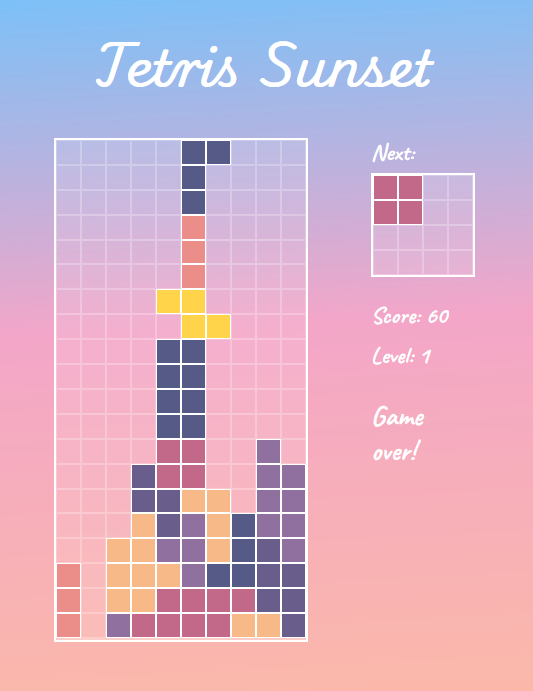 Screenshot of Tetris Sunset web game, with sunset-themed Tetris piece colors