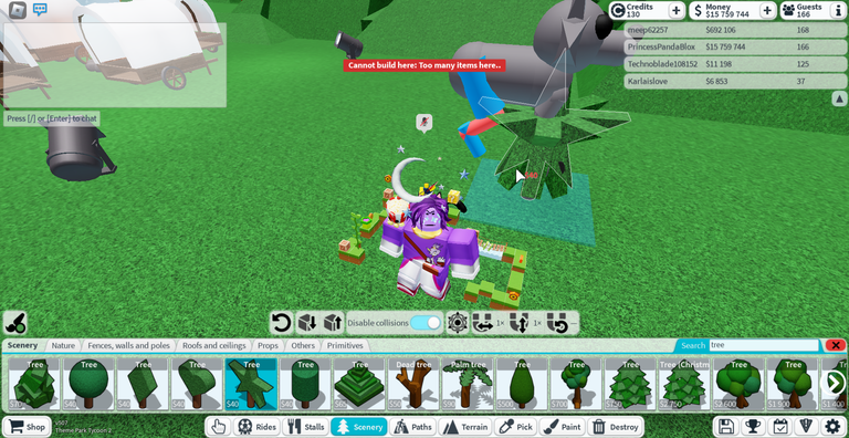 Me testing the item limit by spamming small star-shaped trees in one tile; same error as before