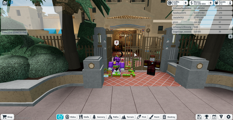 Me at gate of hotel in the other player's intricate build