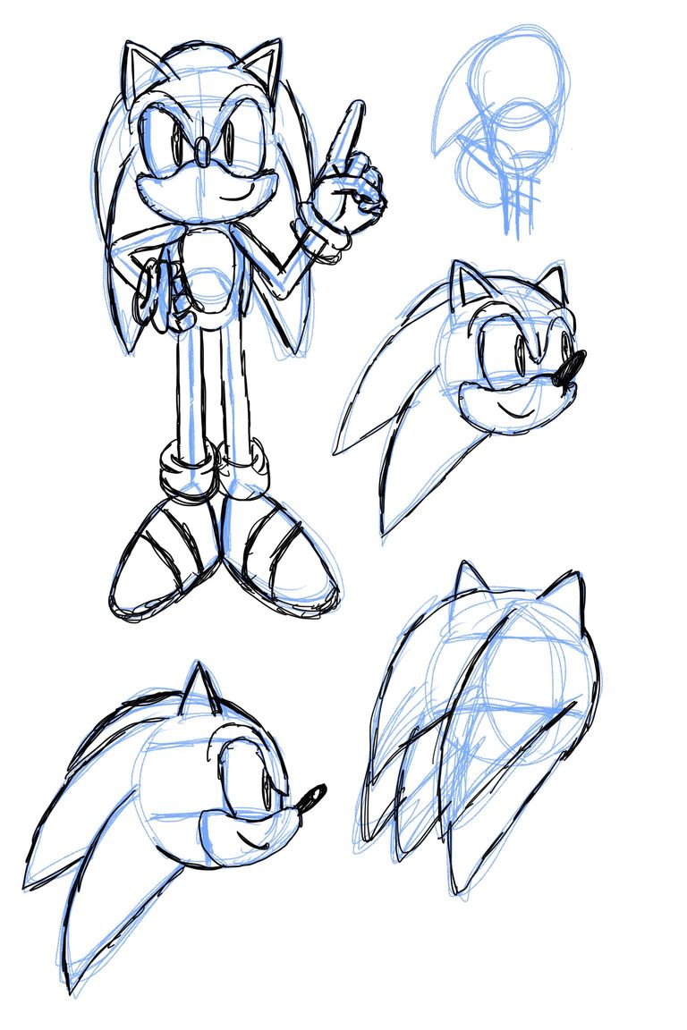 Concept art of Sonic prop on iOS Notes, with pose concept and different head orientations