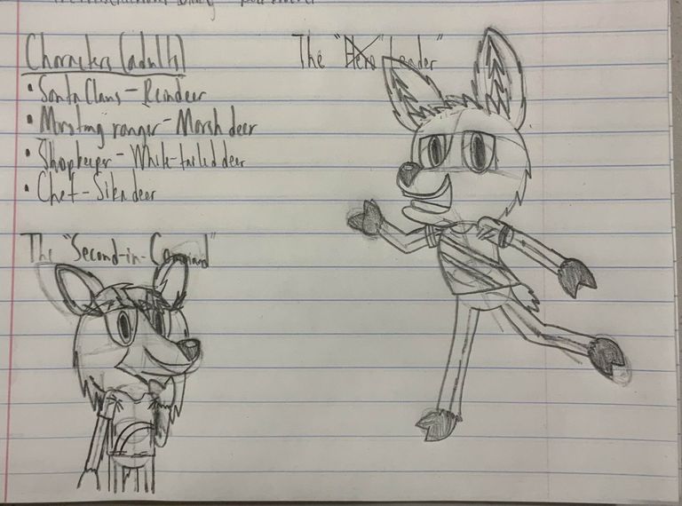 Excerpt from notebook of the 'Hero' and 'Second-in-Command' fawns, both wearing T-shirts