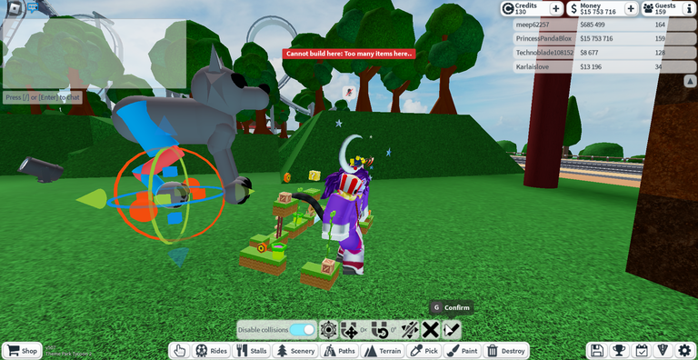 Me attempting to add to the wolf prop's added (and strangely colored) hind leg; the error 'Cannot build here: Too many items here'