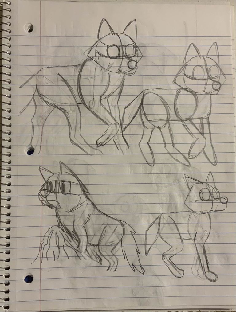 Concept art in notebook and figuring out anatomy of the stylized wolf