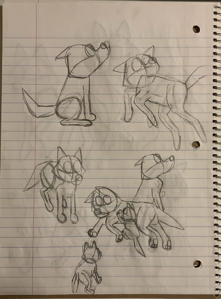Concept art in notebook and of wolves in different poses, including a mother wolf with her pups