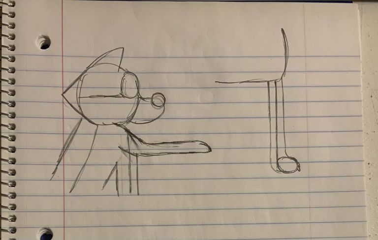 Concept art in notebook and of stylized wolf foreleg anatomy, including the pose of it laying on a surface