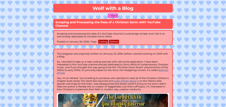Wolf with a Blog post 'Scraping and Processing the Data of a Christian Sonic AMV YouTube Channel' as of version 1.1.2 in February 2026