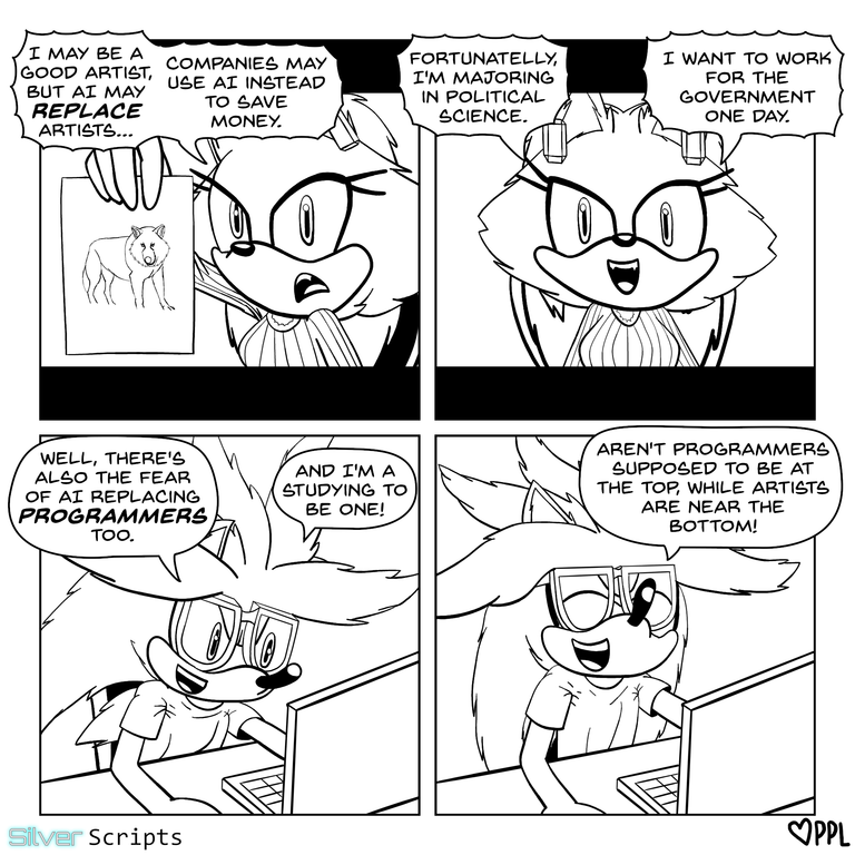 Blaze is shown on a video call screen holding up a realistic drawing of a non-anthropomorphic wolf and saying, 'I may be a good artist, but AI may REPLACE artists. Companies may use AI instead to save money.' She then puts it down, looks at the camera, and says, smiling, 'Fortunately, I'm majoring in political science. I want to work for the government one day.' Silver, sitting at his desk with his laptop, says, 'Well, there's also the fear of AI replacing PROGRAMMERS too. And I'm studying to be one! Aren't programmers supposed to be at the top, while artists are near the bottom!'